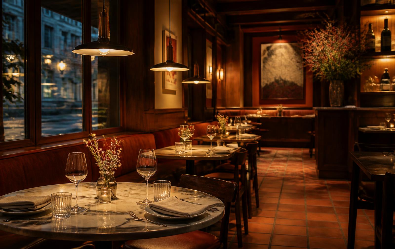 Warmly lit independent restaurant dining room set for service